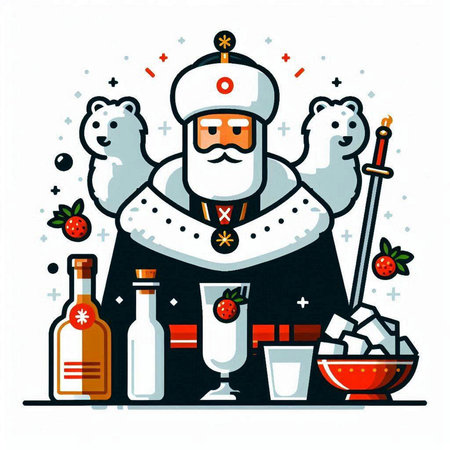 Vector illustration of the Russian king with a glass and a bottle of vodka.のイラスト素材