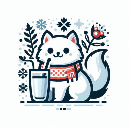 Cute white cat with a glass of milk. Vector illustration.のイラスト素材