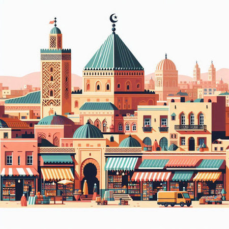 Tunisian cityscape with shops and buildings. Vector illustration.のイラスト素材