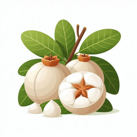 Mangosteen fruits and leaves isolated on white background. Vector illustration.のイラスト素材
