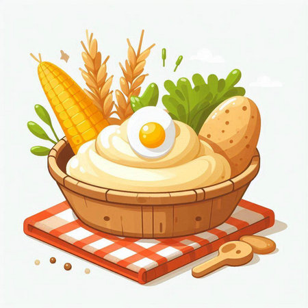 Illustration of a bowl of hummus with egg and corn.のイラスト素材