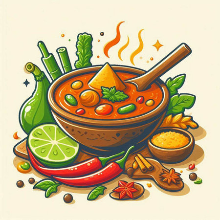Vector illustration of a bowl of spicy soup with spices and herbs.のイラスト素材