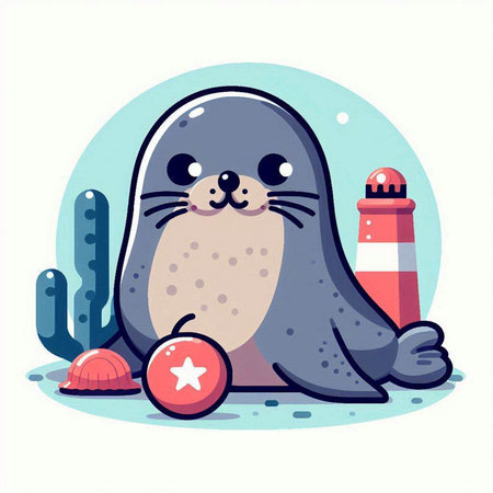 Cute seal with a ball and a lighthouse. Vector illustration.のイラスト素材