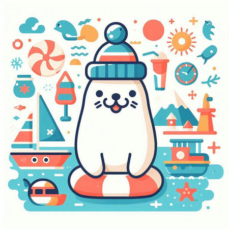 Cute polar bear in a hat and scarf. Vector illustration in flat style.のイラスト素材