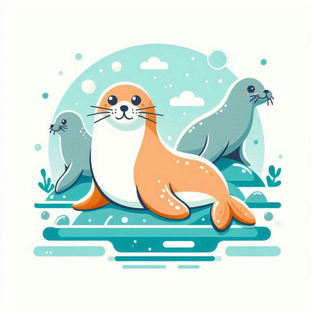 Cute seal and sea lion. Vector illustration in flat style.のイラスト素材