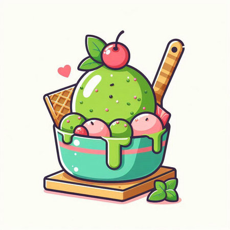 Ice cream in a bowl with ice cream scoop, vector illustration.のイラスト素材