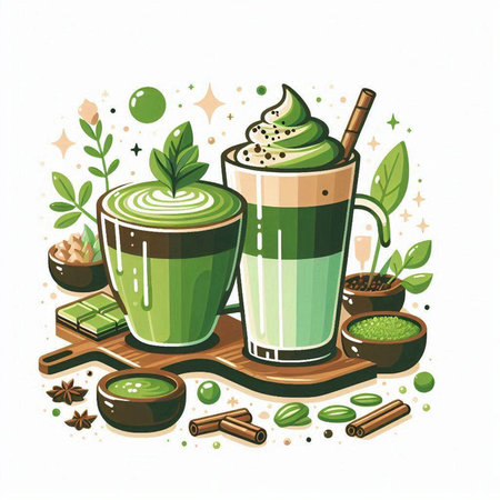 Matcha latte and matcha latte. Vector illustration.のイラスト素材