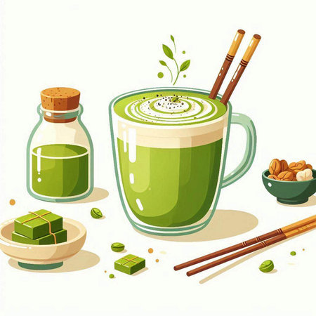 Matcha green tea latte in cup with chopsticks vector illustration.のイラスト素材
