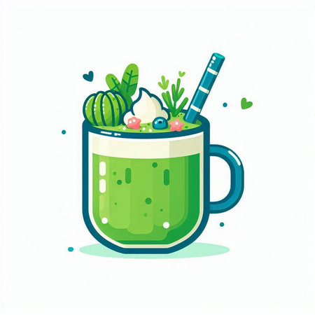 Green smoothie in a glass cup with a straw. Vector illustration.のイラスト素材