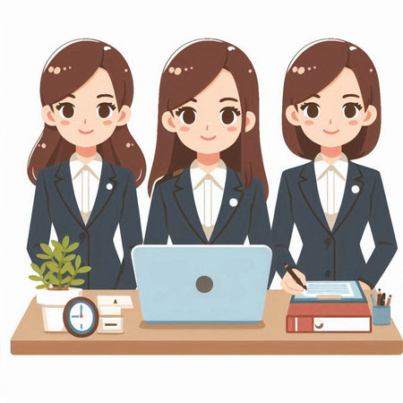 Business woman in suit working on laptop at office. Vector illustration.のイラスト素材