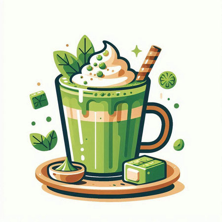 Green tea latte with whipped cream and mint. Vector illustration.のイラスト素材