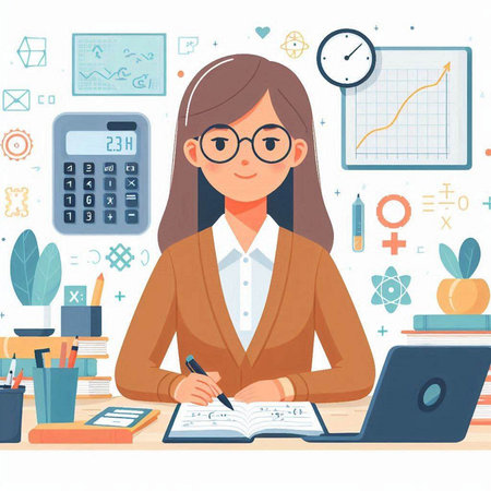 Business woman working at office desk. Vector illustration in cartoon style.のイラスト素材