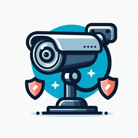 Security camera with shield icon. Flat design vector illustration. Security concept.のイラスト素材