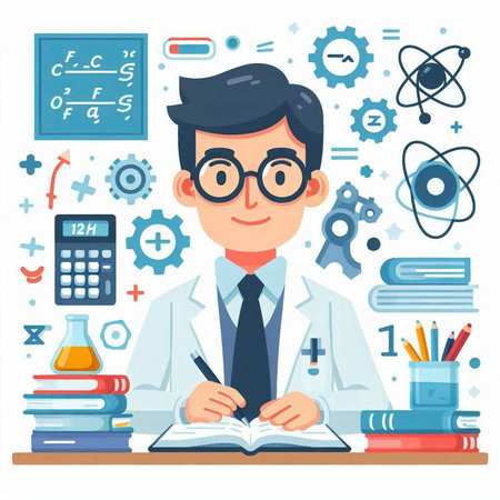 Male scientist in laboratory. Vector illustration in flat style. Education and science concept.のイラスト素材