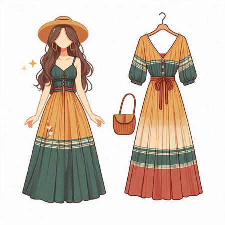 Vector illustration of a girl in a long dress and a straw hatのイラスト素材