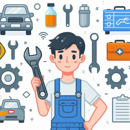 Repairman with tools. Vector illustration in flat cartoon style.のイラスト素材