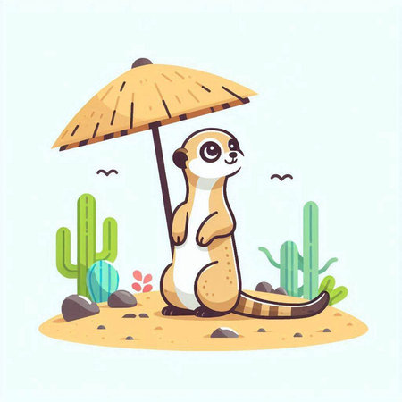 Cute meerkat sitting on the sand under umbrella. Vector illustrationのイラスト素材