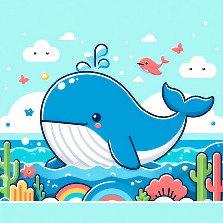 Cute cartoon whale in the sea. Vector illustration of a cartoon whale.のイラスト素材