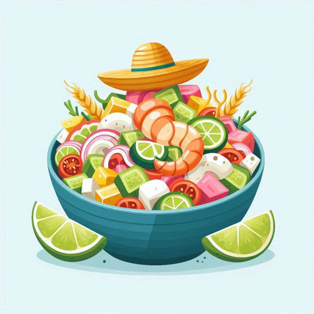 Salad in a bowl on a blue background. Vector illustration.のイラスト素材