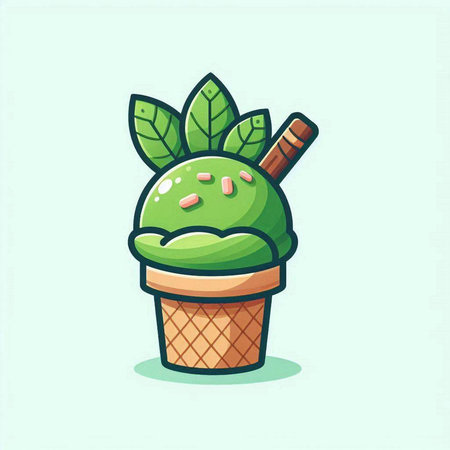 Ice cream in waffle cone with mint leaves, vector illustration.のイラスト素材