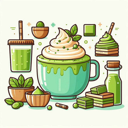 Matcha latte in cartoon style. Vector illustration of a cup of matcha latte.のイラスト素材