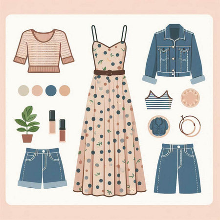 Vector set of women's clothes and accessories. Illustration in retro style.のイラスト素材