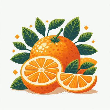Orange fruit with leaves and slices isolated on white background. Vector illustration.のイラスト素材