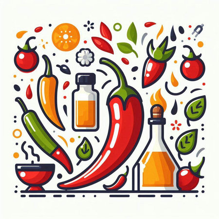 Vegetables and spices. Vector illustration in flat line style.のイラスト素材