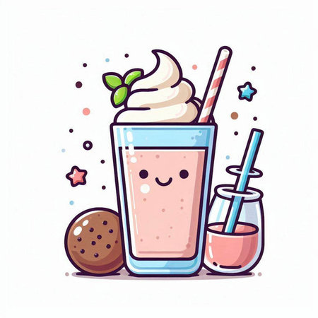 Cute cartoon vector illustration of a milkshake with whipped cream and cookies.のイラスト素材