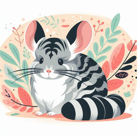 Cute cartoon chinchilla on floral background. Vector illustration.のイラスト素材