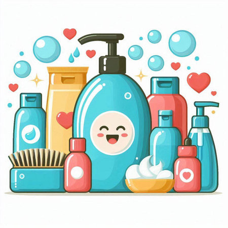 Cartoon vector illustration of cosmetic products, shampoo, shower gel, cream, lotion.のイラスト素材