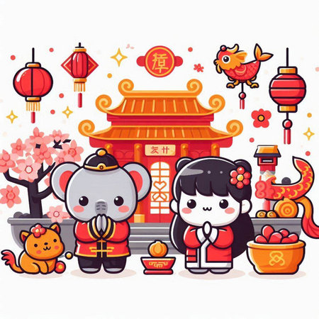 Happy Chinese New Year. Year of the Ox. Cute cartoon characters.のイラスト素材