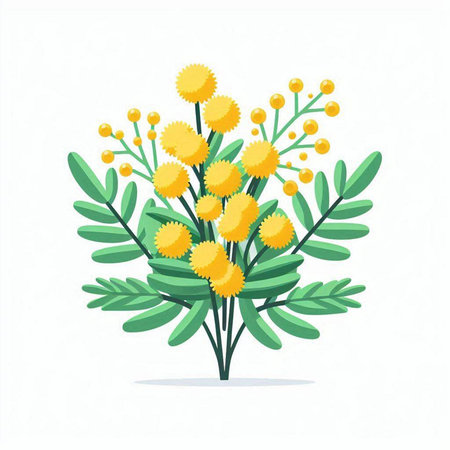 Bouquet of yellow mimosa flowers on white background. Vector illustrationのイラスト素材