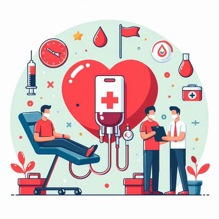 Blood donation concept. Flat vector illustration of blood transfusion. Donate blood concept for banner, website design or landing web pageのイラスト素材
