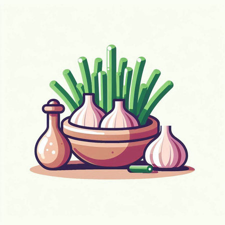 Garlic and onion in a clay bowl. Vector illustration in cartoon style.のイラスト素材