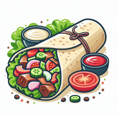 Tortilla wrap with meat, vegetables and sauce. Vector illustration.のイラスト素材