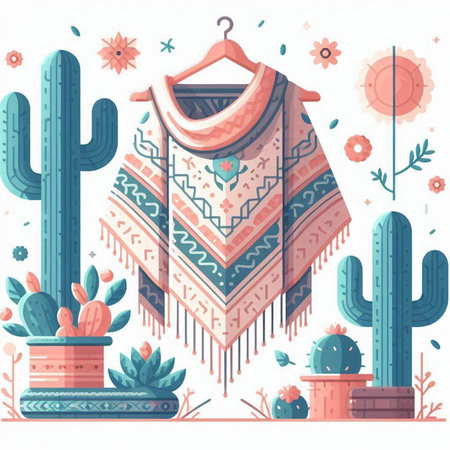 Cactus and poncho vector illustration. Cactuses, succulents, boho style.のイラスト素材