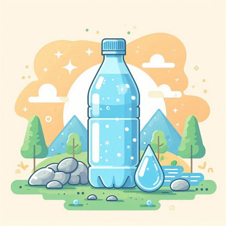 Plastic bottle of water on the nature background. Vector illustration.のイラスト素材