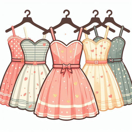 Illustration of three dresses on a hanger on a white backgroundのイラスト素材