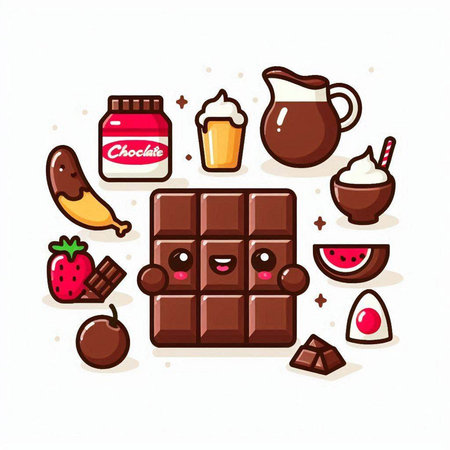 Chocolate, milk, cream, ice cream, chocolate bar, strawberry, banana, milk, coffee, candy, sweet, dessert, vector illustrationのイラスト素材