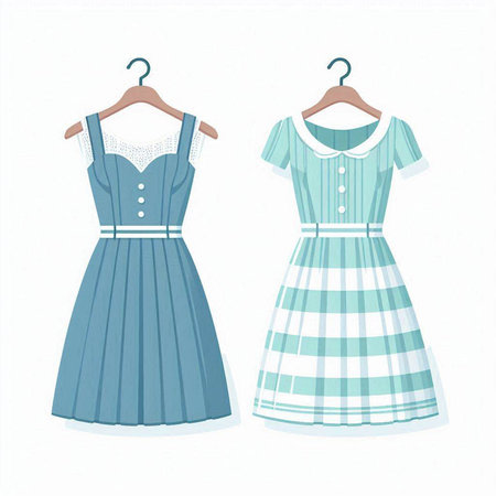Cute blue and white dress on hanger. Vector illustration.のイラスト素材