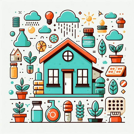 Vector line art illustration of eco house with different icons on white background.のイラスト素材