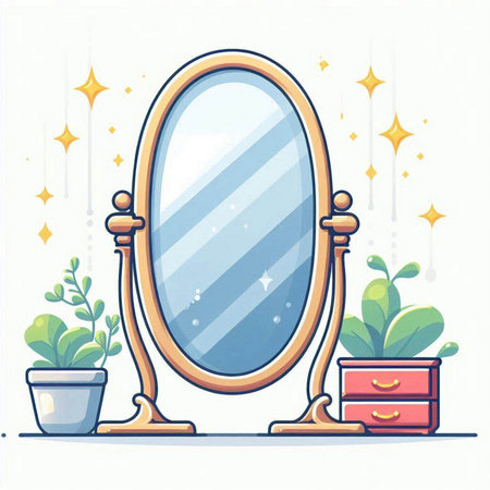Vector illustration of a vintage mirror in a room with decorative plants.のイラスト素材