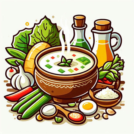 Illustration of a bowl of chinese soup with ingredients on a white backgroundのイラスト素材