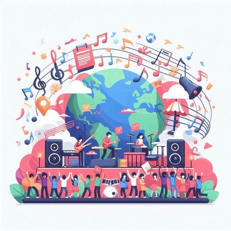 Music festival with people and musical instruments. Flat design vector illustration.のイラスト素材