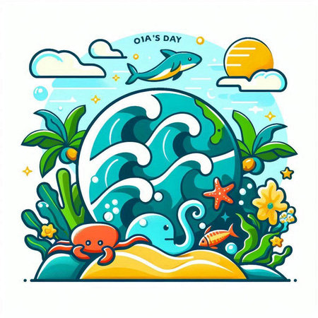 Vector illustration of world ocean day concept design. Hand drawn cartoon style.のイラスト素材
