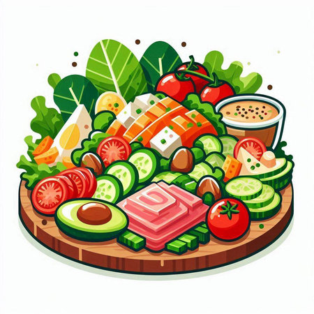 Vector illustration of vegetable salad with avocado, ham, tomato, cucumber, lettuce, eggnnaiseのイラスト素材