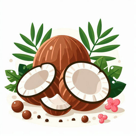 Coconut vector illustration. Whole and half coconuts with green leaves.のイラスト素材