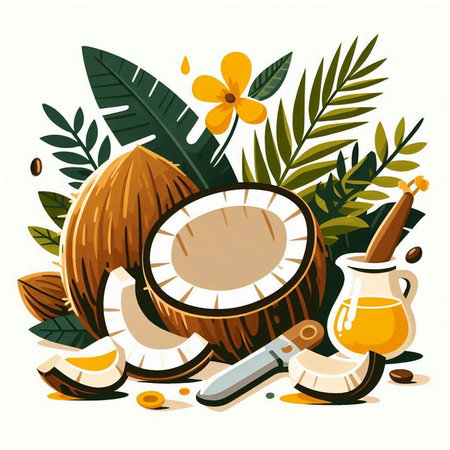 Coconut oil and fresh coconuts. Vector illustration.のイラスト素材