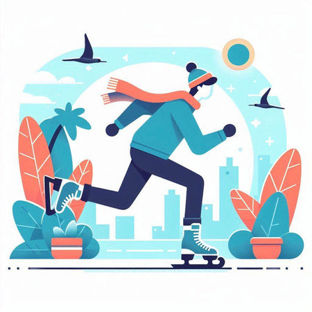 Vector illustration of a man skating on the ice in the park.のイラスト素材